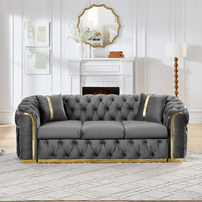Button Tufted Couch With 2 Pillows, 3 Seater Luxury Chesterfield Sofa