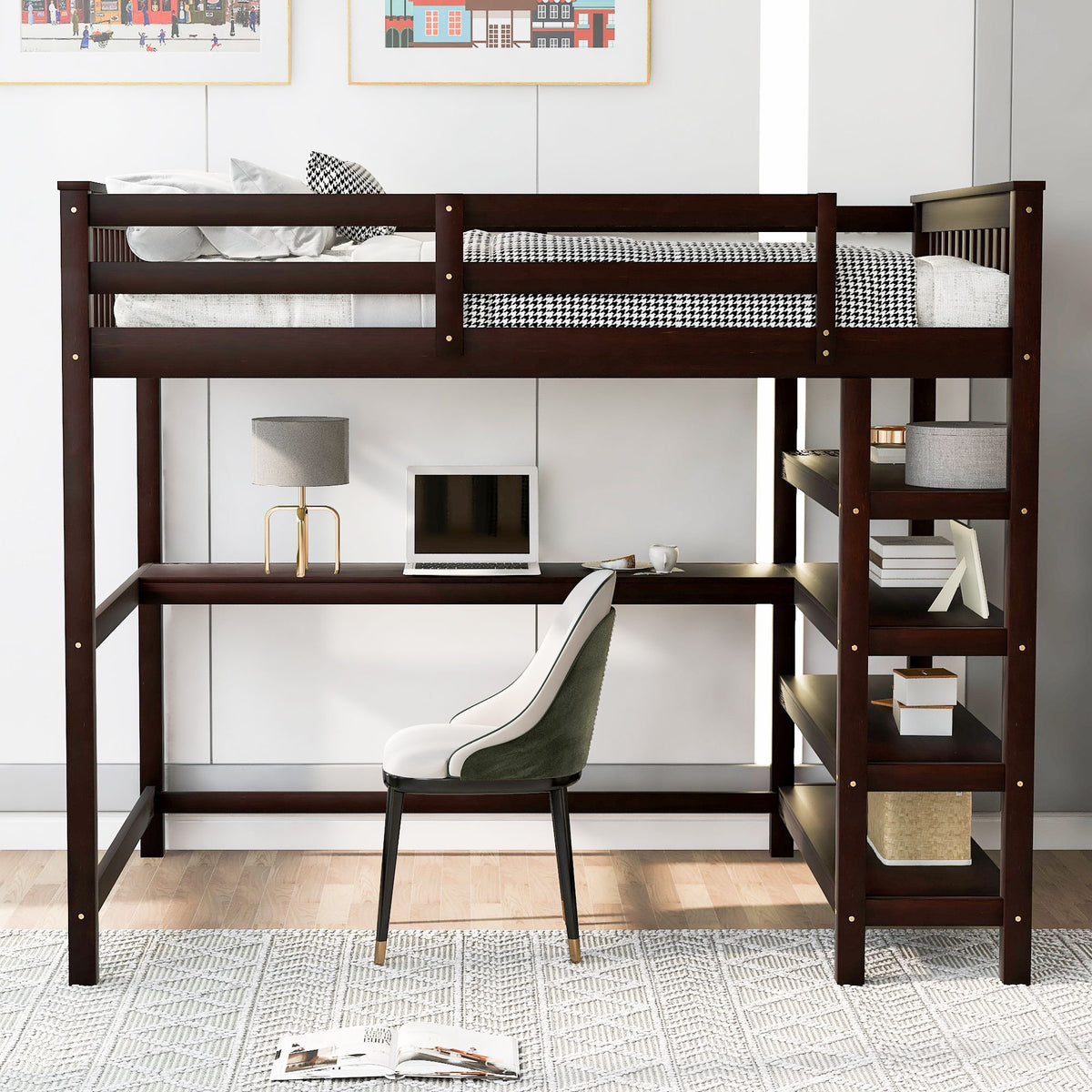 Loft Bed With Storage Shelves And Under Bed Desk