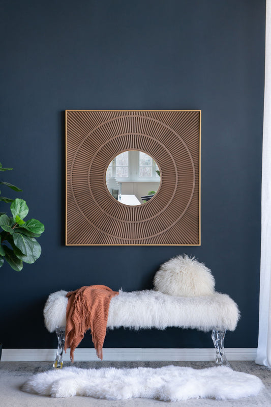 Square Carved Mirror With Pleated Design WithIron Frame, Neutral Colorway Wall Decor For Living Room Bathroom Entryway