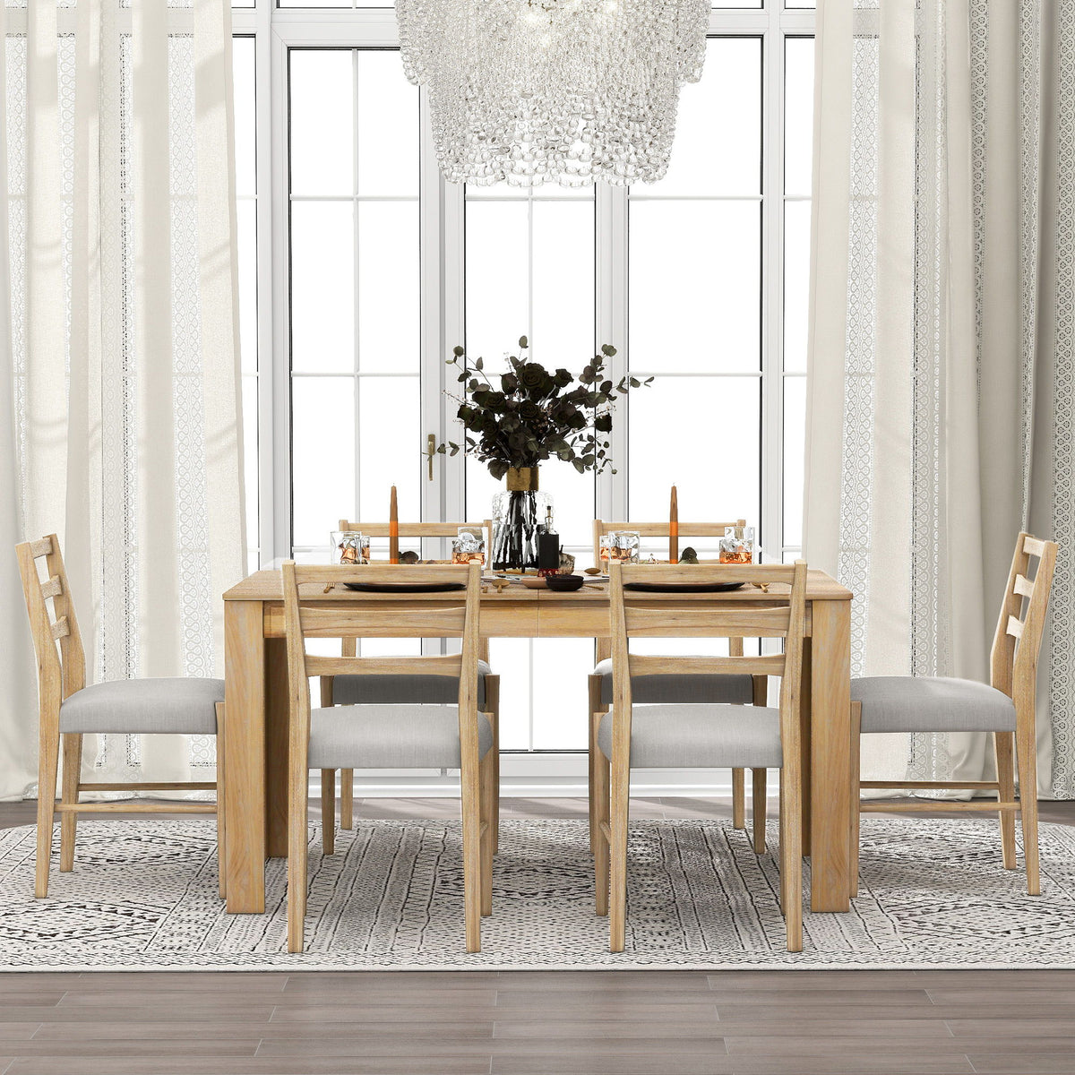 7 Piece Dining Set With Extendable Table, 2 Drawers & 6 Upholstered Chairs