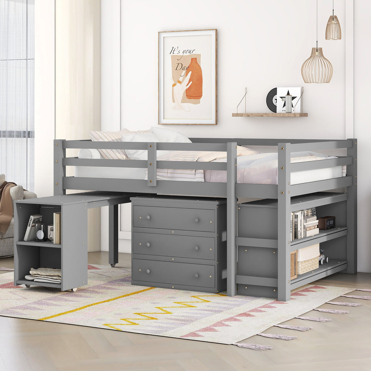 Loft Low Study Bed With Cabinet, Shelves And Rolling Portable Desk, Multiple Functions