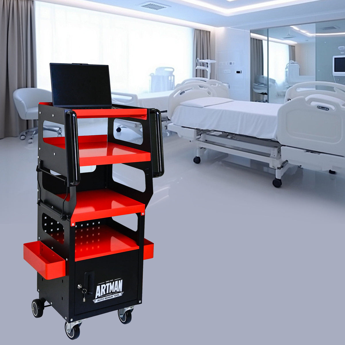 4 Level Multi Purpose Trolley For Diagnostics - Black / Red