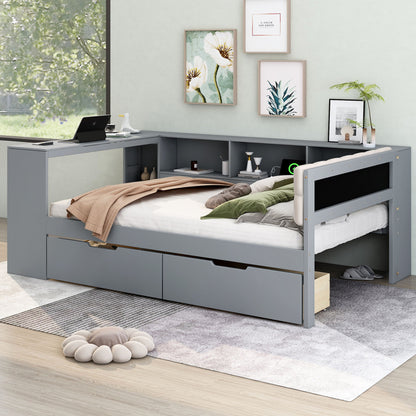 Upholstered Headboard Platform Bed With Storage Shelves, Drawers, Charging Station