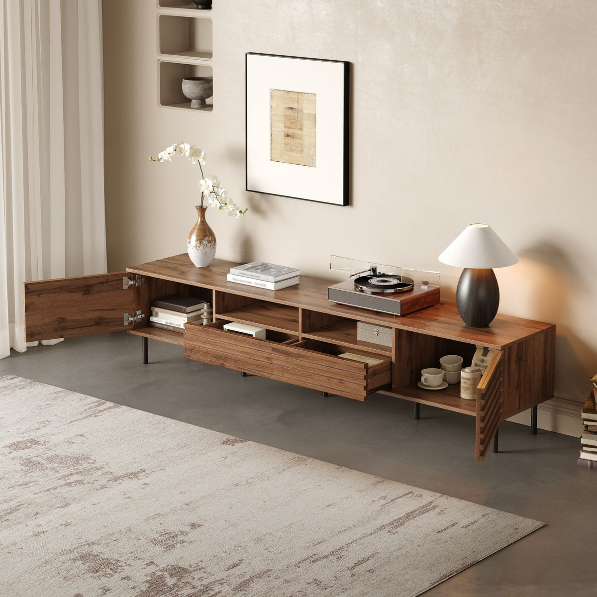 TV Stand For TVs Up To 85" With Closed Storage, Soft Closing Hinges - Walnut