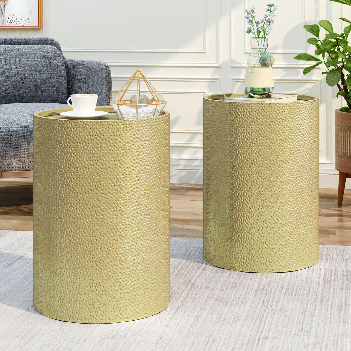 Modern Round Accent Table With Hammered Surface