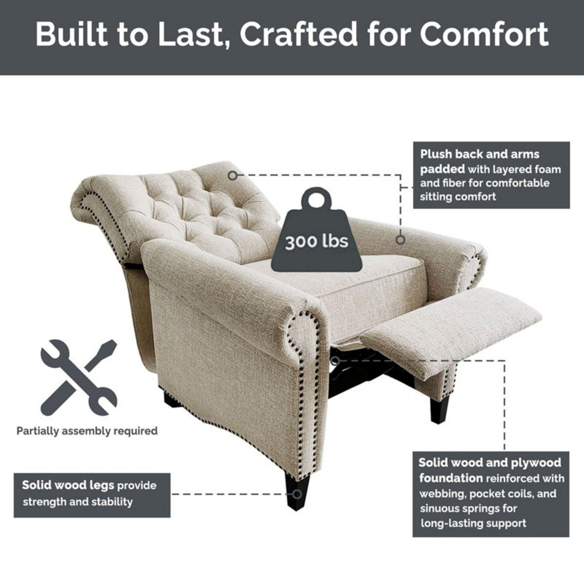 Aidan - Push Back Recliner Chair With Tufted Back And Nailhead Trim - Cream