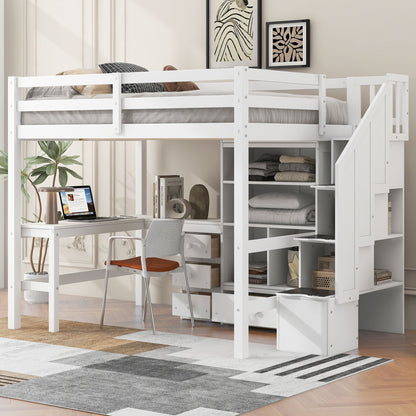 Loft Bed & L Shaped Desk, Drawers, Cabinet, And Storage Staircase
