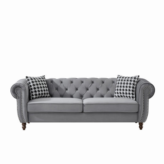 Chesterfield Upholstery Fabric Sofa With Roll Armrest & Nailhead