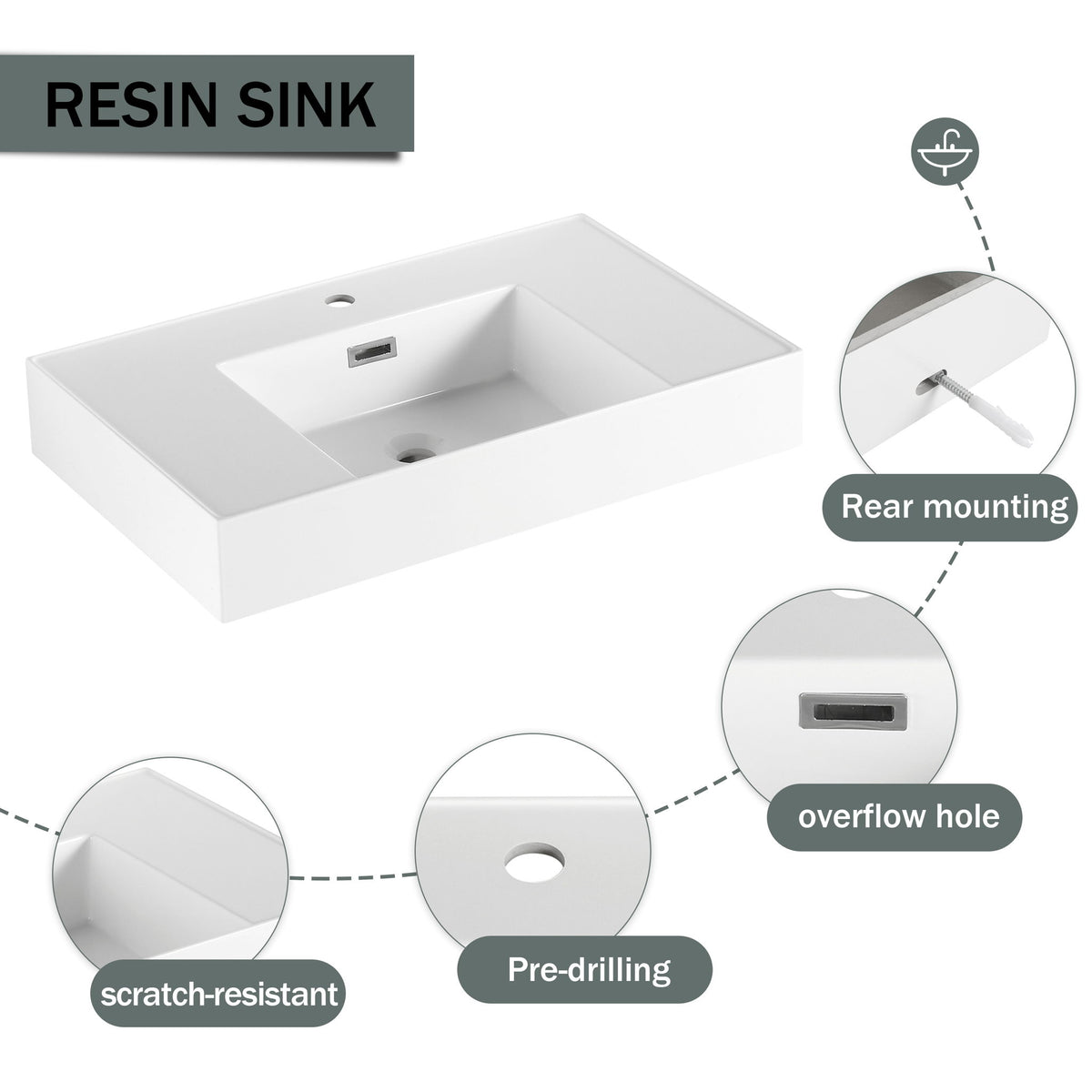Contemporary Wall Mounted Bathroom Vanity With Resin Sink And 2 Side Cabinet - Imitative Oak