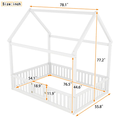 Wood House Bed With Fence And Door