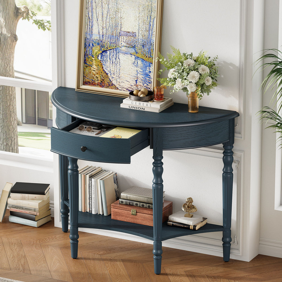 Half Moon Console Table With Drawer & Shelf