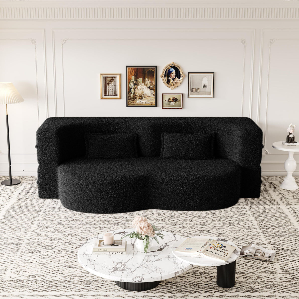Modern Floor Sofa, With 2 Pillows, Convertible Teddy Fabric Foam Filled Bed