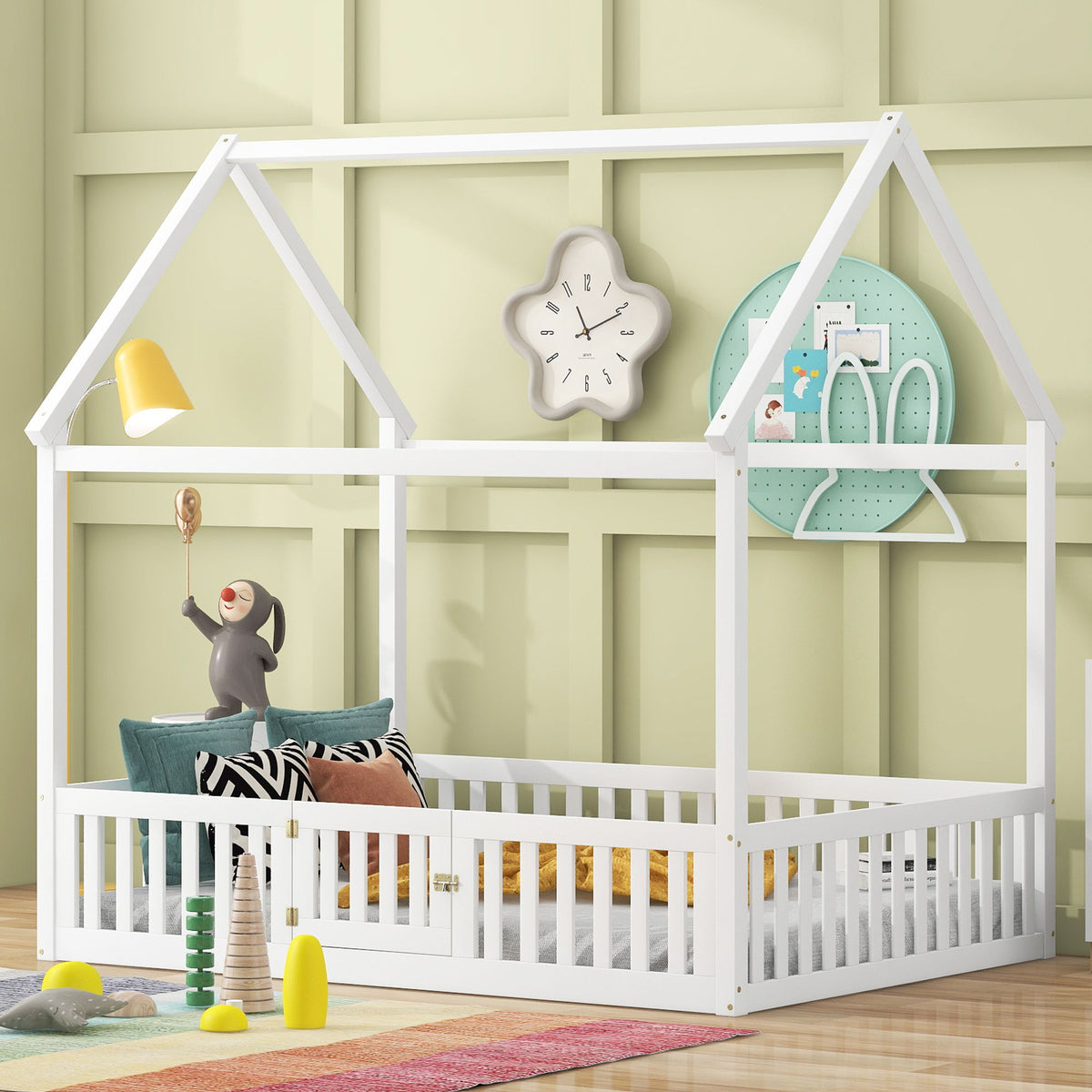 Wood House Bed With Fence And Door