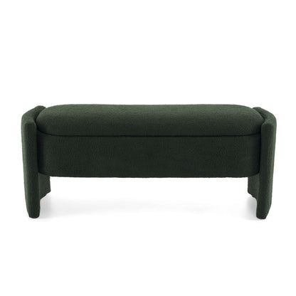 Elegant Long Shaped Storage Ottoman Bench, Boucle Material, Simple And Grand Design - Dark Green