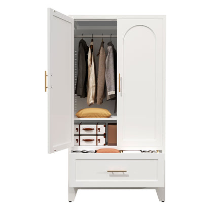 Wardrobe Cabinet With 1 Drawer And Hanging Rod, 2 Doors Closet With Shelf For Bedroom - White