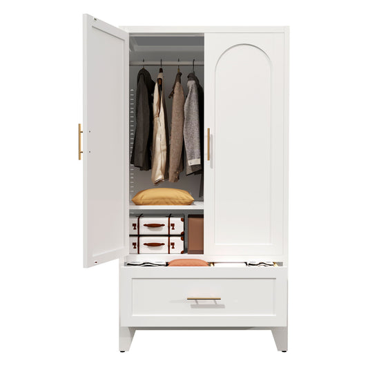 Wardrobe Cabinet With 1 Drawer And Hanging Rod, 2 Doors Closet With Shelf For Bedroom - White