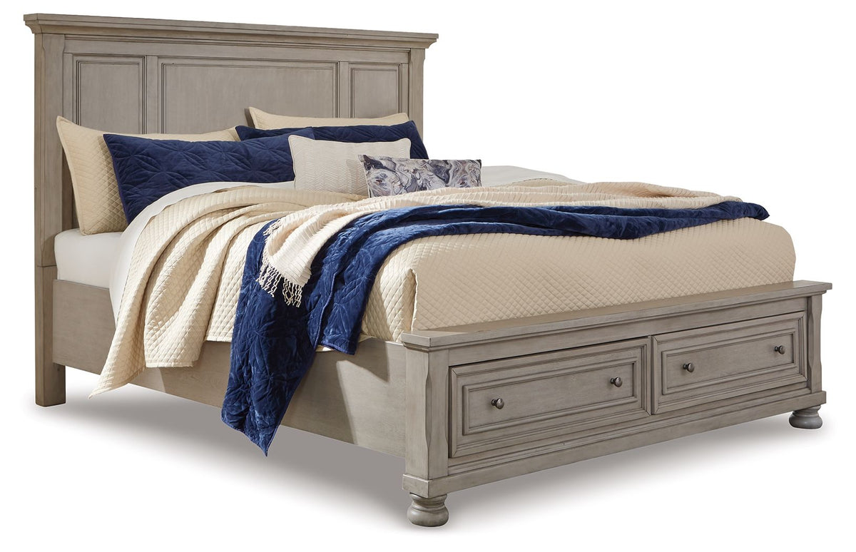 Lettner - 5 Pc. - Dresser, Mirror, King Panel Storage Bed, 2 Nightstands - Light Gray