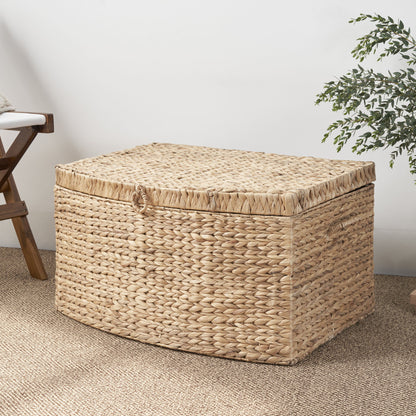 Rectangular Curve Water Hyacinth Woven Wicker Trunk With Handles For Clothes Toys Magazines And Book Storage - Natural / Light Brown