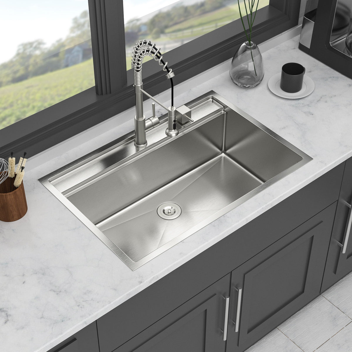 33" Drop In Kitchen Sink With Workstation, 16 Gauge Stainless Steel - Brushed Nickel