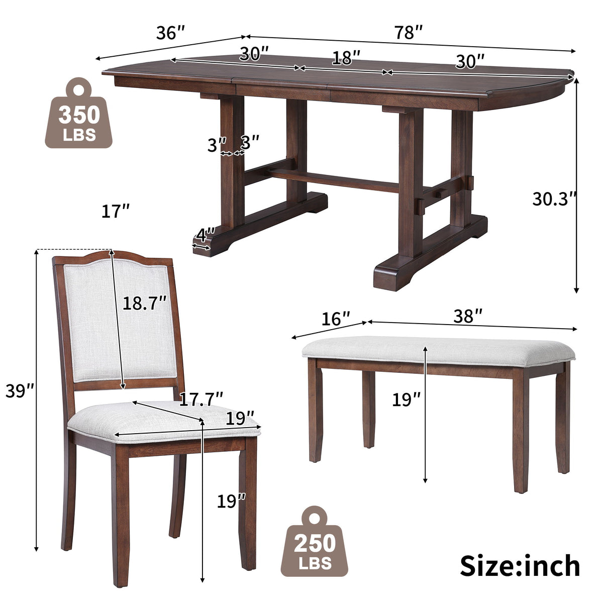6 Piece Extendable Dining Table Set, Wood Table With Removable Leaf, 4 Upholstered Chairs And Bench - Cherry