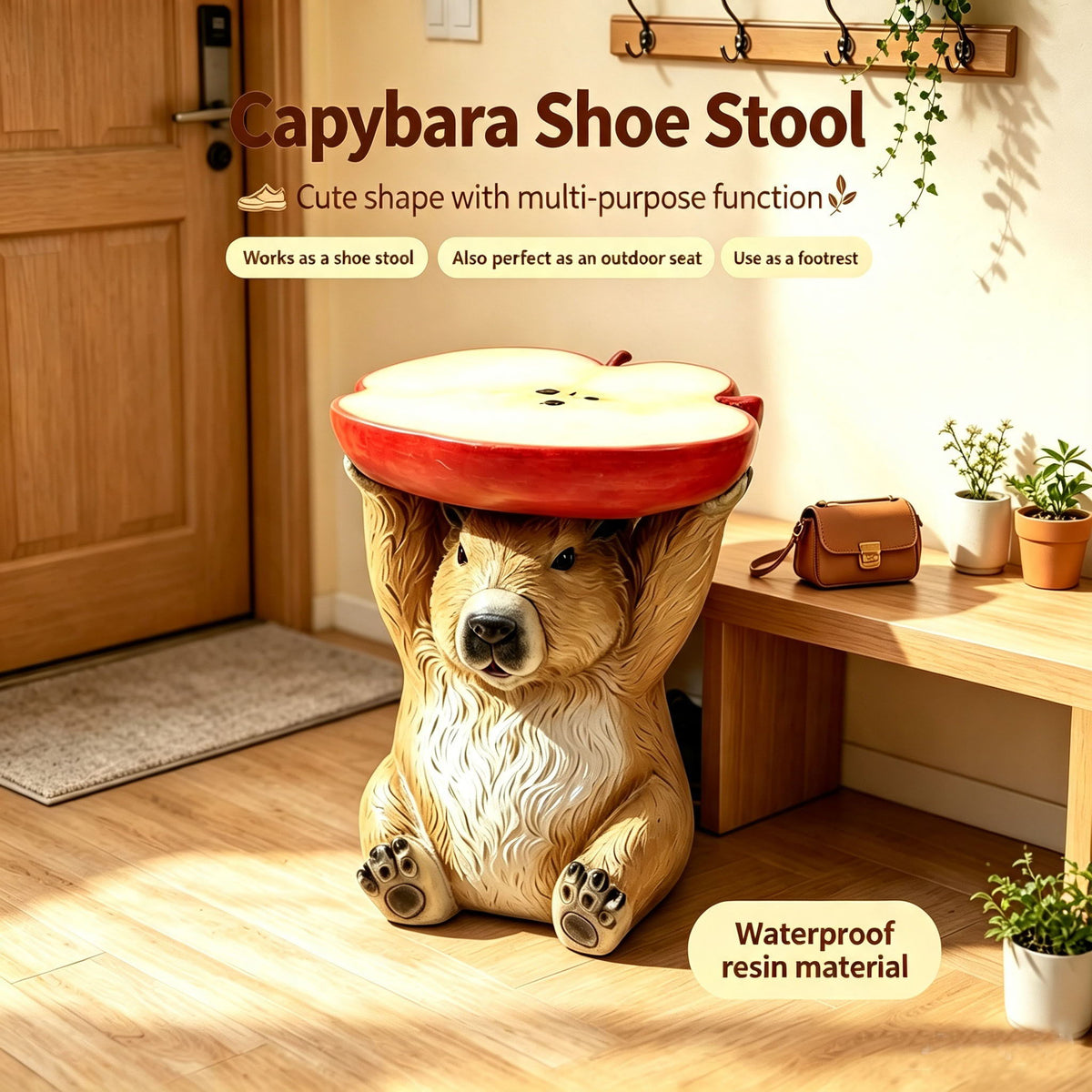 Capybara Shaped Apple Slice Stool, Animal Figurine Decor, Indoor Outdoor Seat - Brown / Tan