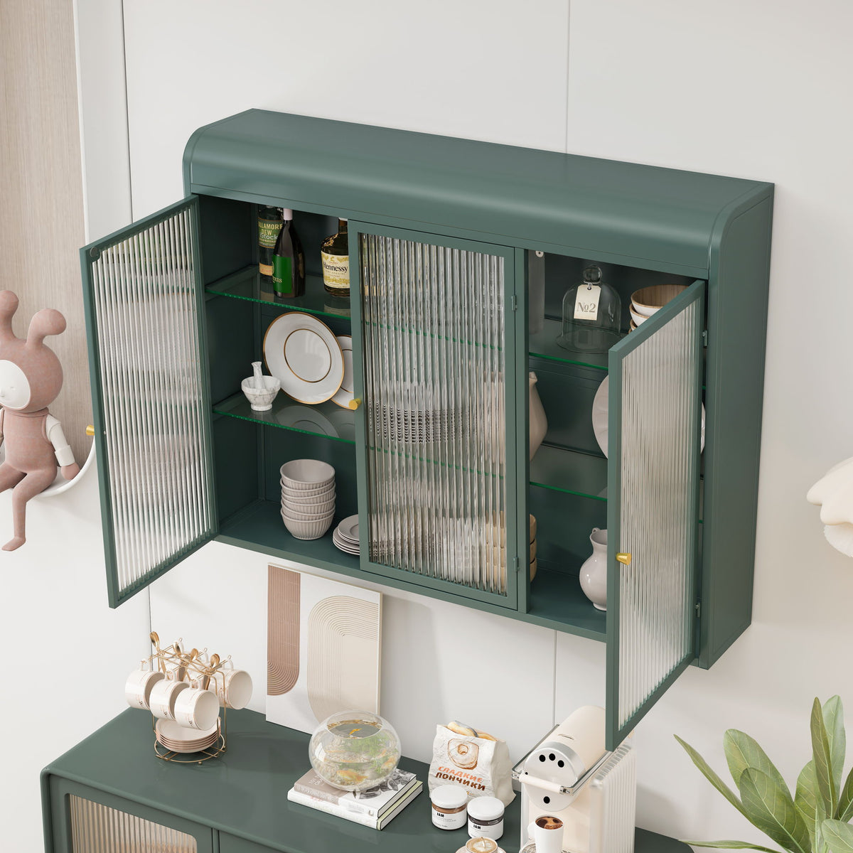 Arched Wall Mounted Cabinet, 3 Door Storage For Kitchen - Dark Green