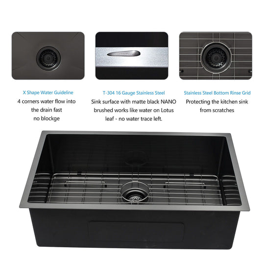 28" Undermount Kitchen Sink 16 Gauge 10" Deep Single Bowl - Gunmetal Black