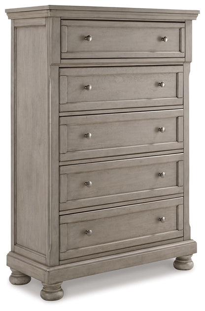 Lettner - 4 Pc. - Dresser, Mirror, Chest, Queen Panel Storage Bed - Light Gray