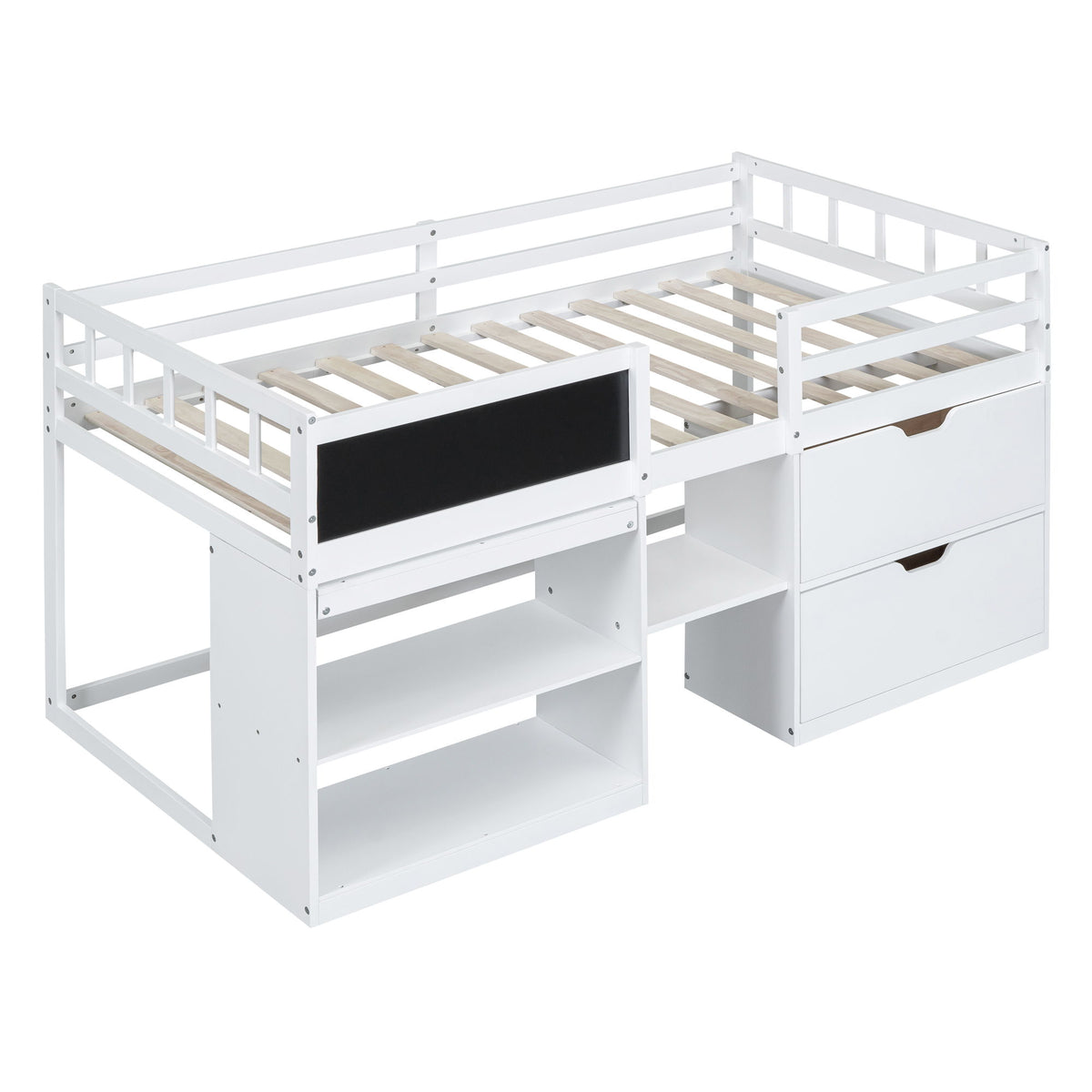 Low Loft Bed With Rolling Desk, Shelf And Drawers