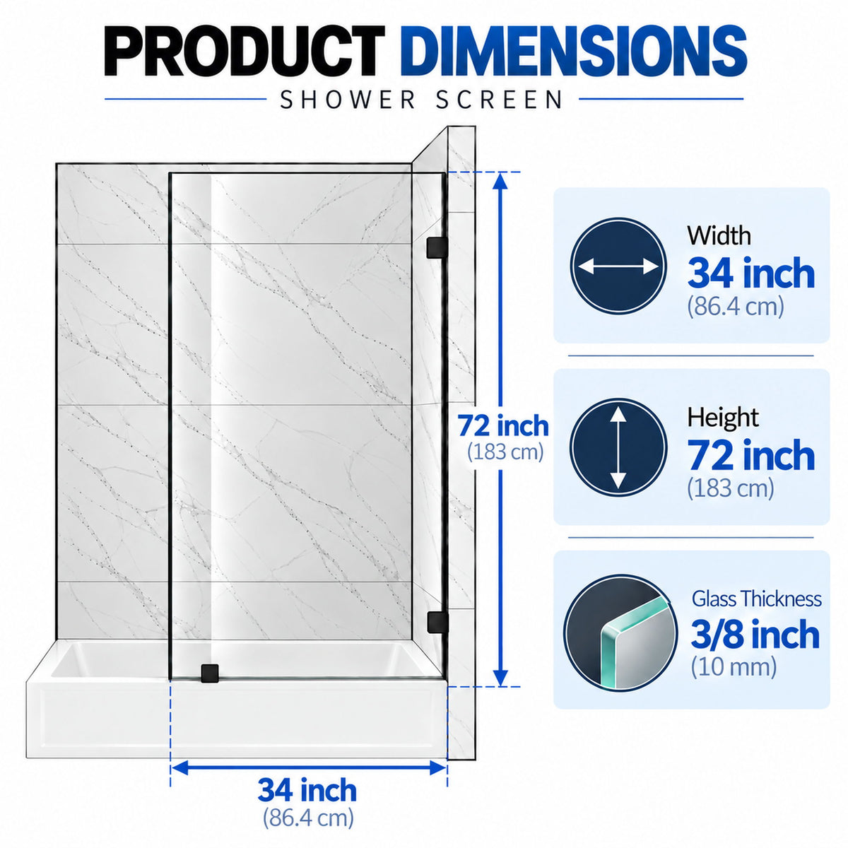 Frameless Bathtub Shower Screen, Reversible Installation