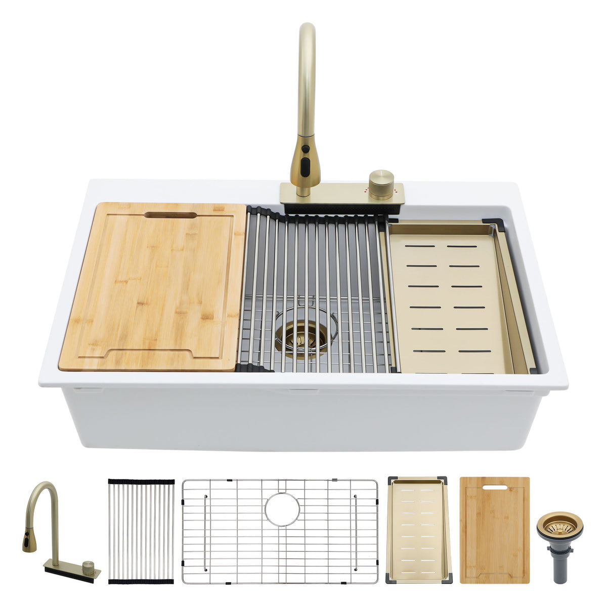 Waterfall Kitchen Sink With Pull Out Faucet & Cup Washer
