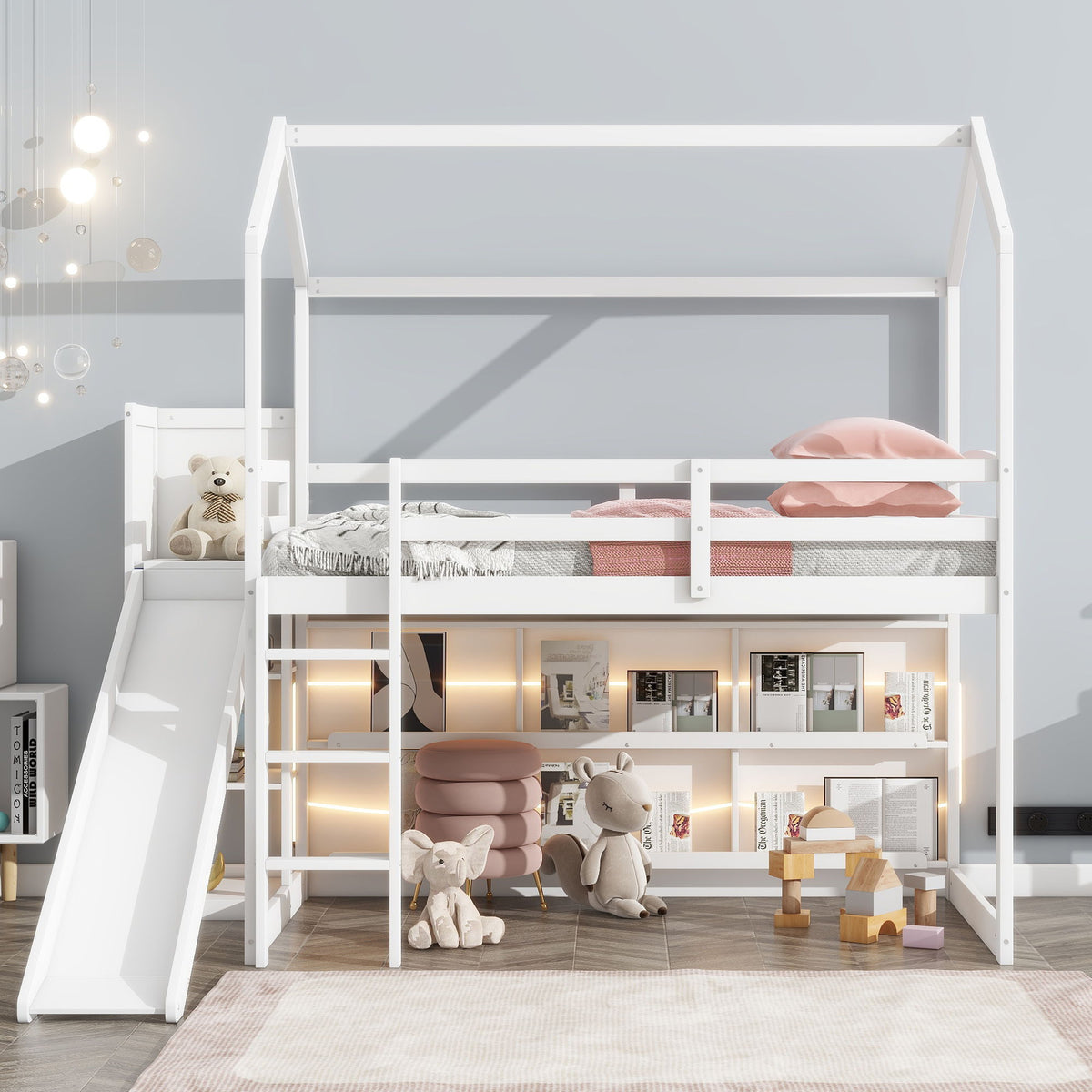 House Loft Bed With Slide, Storage Shelves And Light, Climbing Ramp