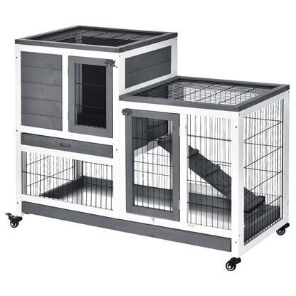 Pawhut - Wooden Rabbit Hutch Elevated Bunny Cage Indoor Small Animal Habitat With Enclosed Run With Wheels, Ramp, Removable Tray Ideal For Guinea Pigs - Gray / White