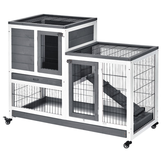 Pawhut - Wooden Rabbit Hutch Elevated Bunny Cage Indoor Small Animal Habitat With Enclosed Run With Wheels, Ramp, Removable Tray Ideal For Guinea Pigs - Gray / White