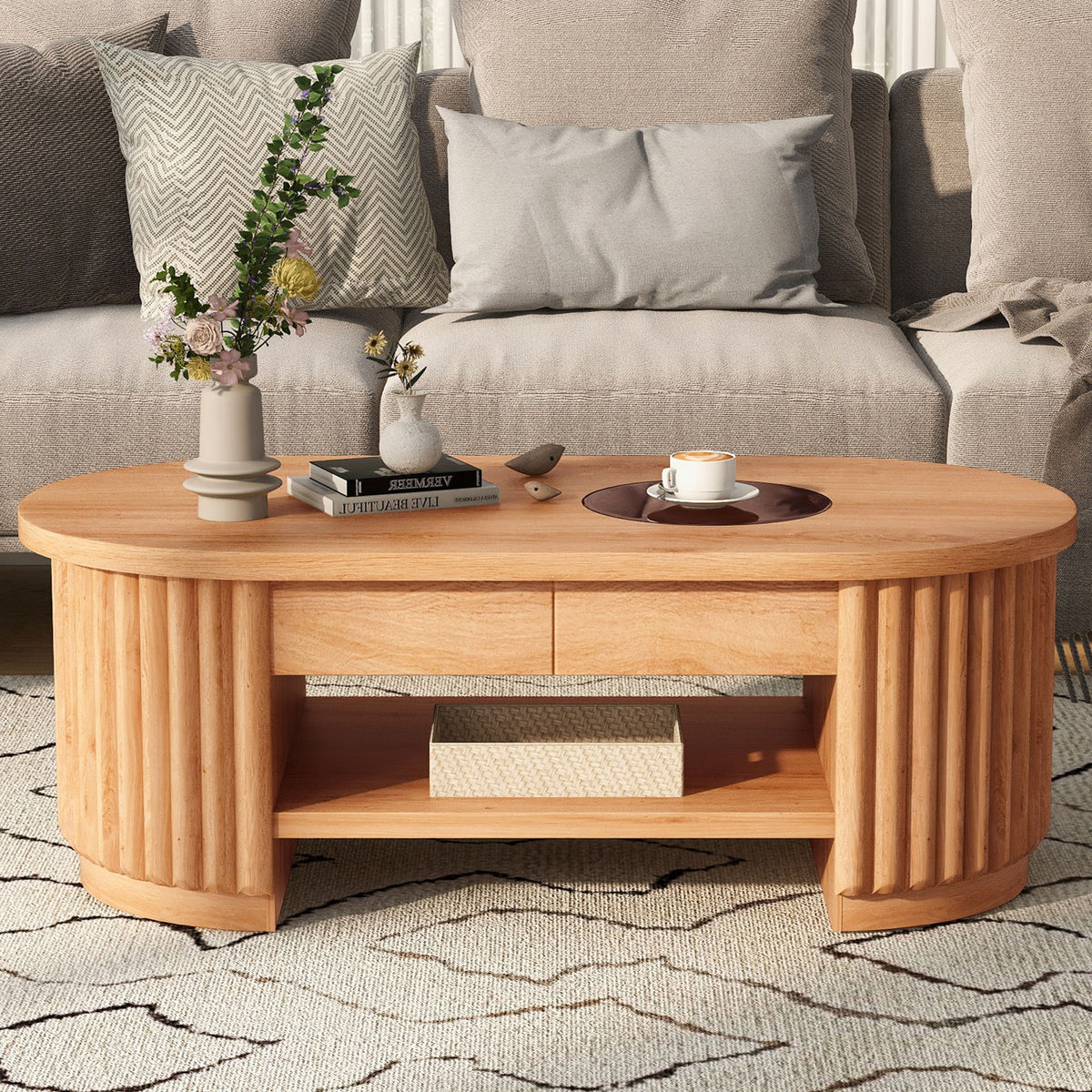Fluted Oval Coffee Table With Drawers, 2 Tier Cocktail Table