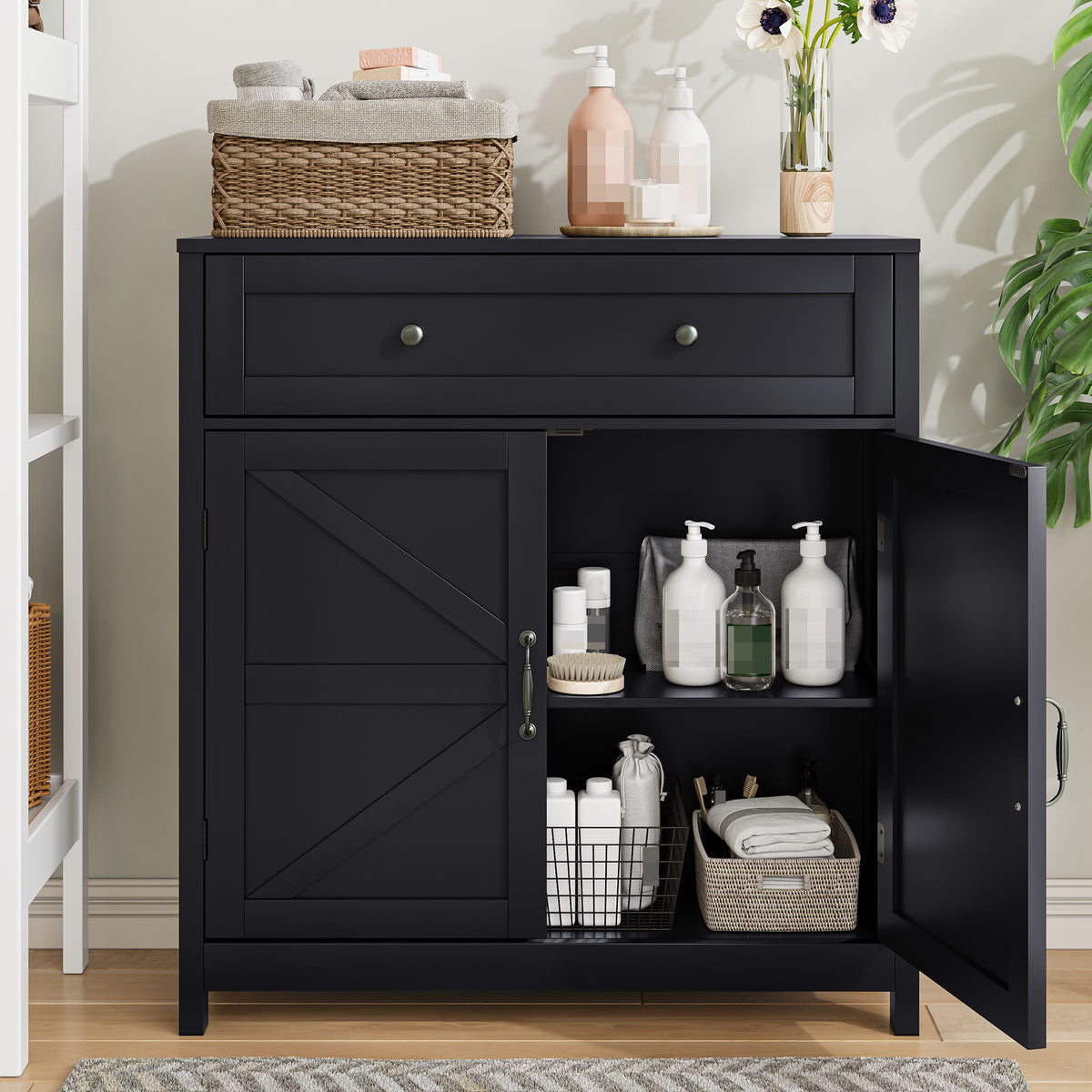 Farmhouse Storage Cabinet With Drawer And Adjustable Shelf
