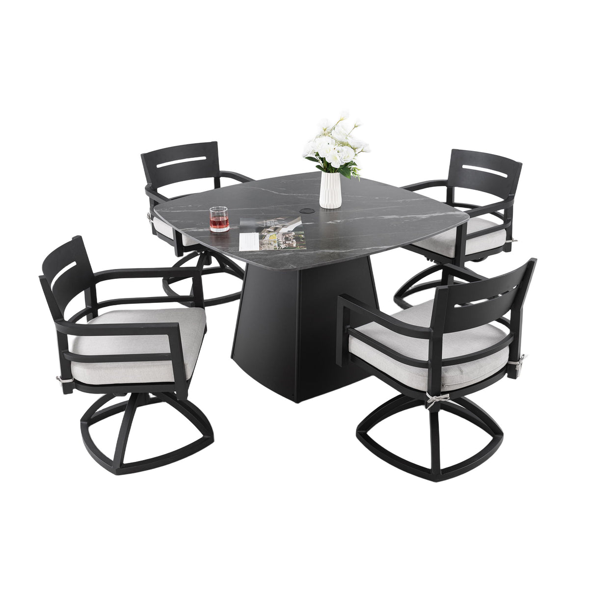 Outdoor Patio Dining Set, Squircle Dining Table, Dining Chairs With Sunbrella Cushions