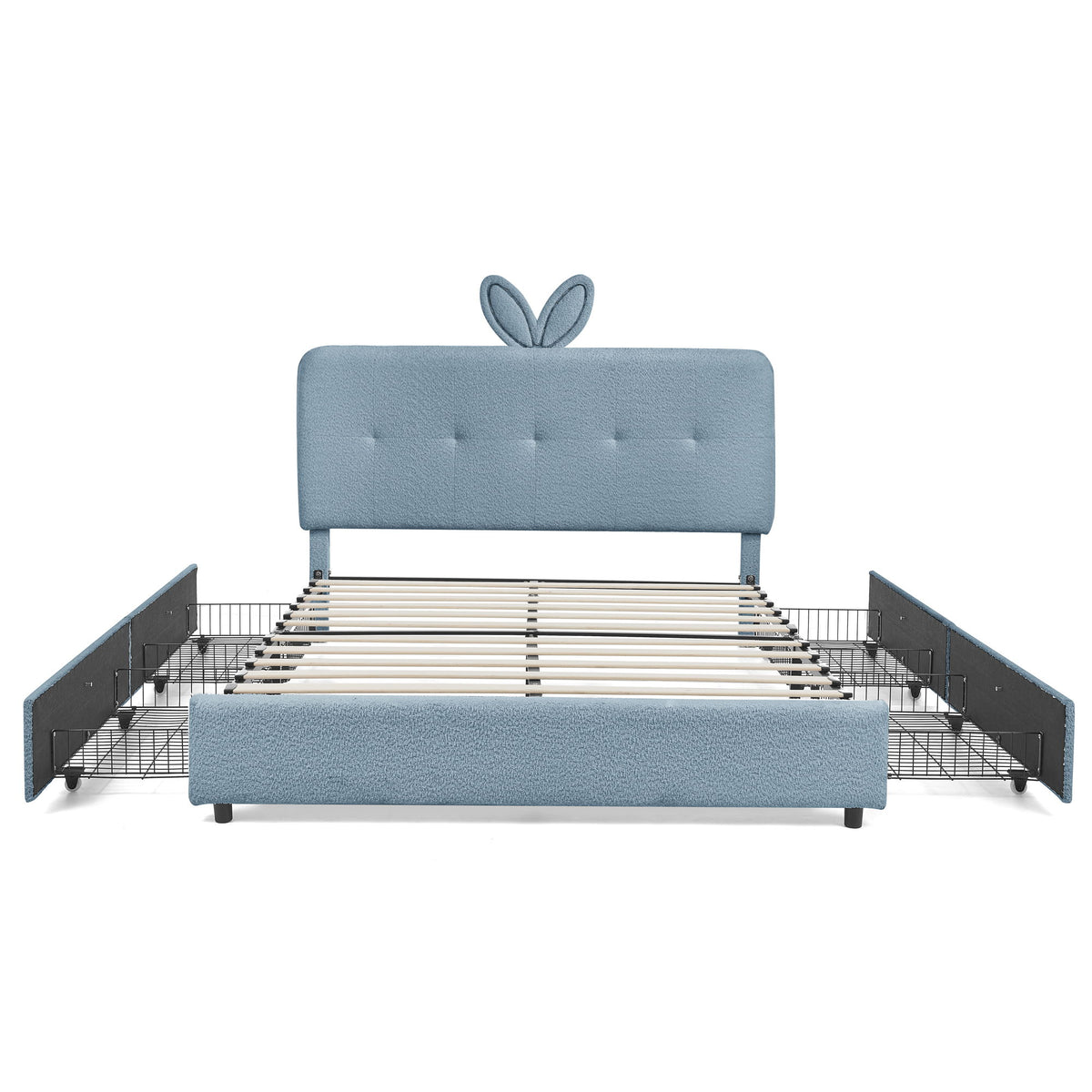 Upholstered Bed With Oversized Rabbit Ear Headboard, LED Lights & 4 Storage Drawers