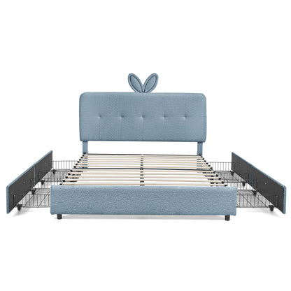 Upholstered Bed With Oversized Rabbit Ear Headboard, LED Lights & 4 Storage Drawers