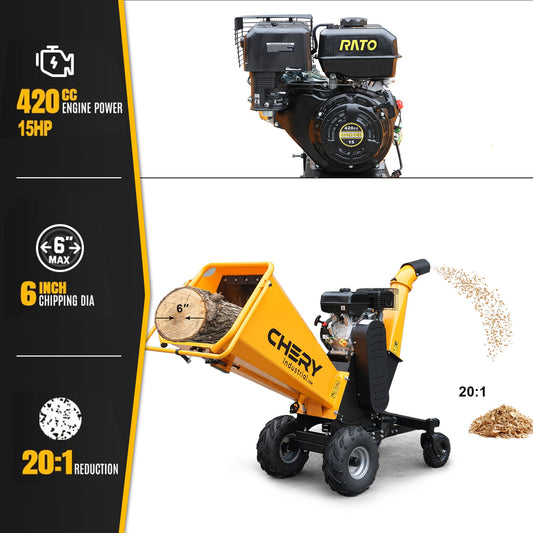 6'' 420Cc 15Hp Pull Start Gas Powered 4 - Wheels Chipper Shredder Mulcher With Towbar / Stop Bar - Yellow