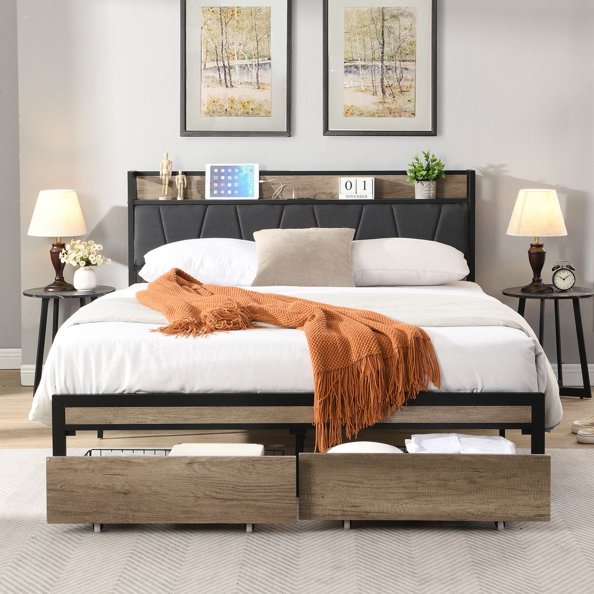 Modern Bed Frame With LED Lights, Upholstered Headboard, USB Charging