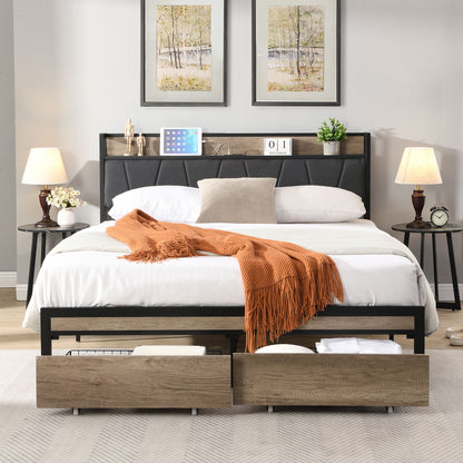 Modern Bed Frame With LED Lights, Upholstered Headboard, USB Charging
