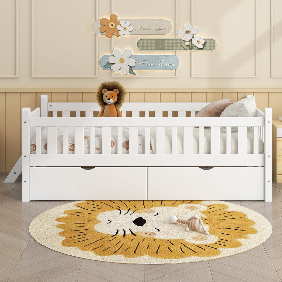 Platform Bed With Guardrail And 2 Drawers