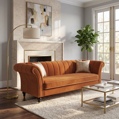 3 Seater Sofa With Rolled Arms, Vertical Channel Tufted Backrest