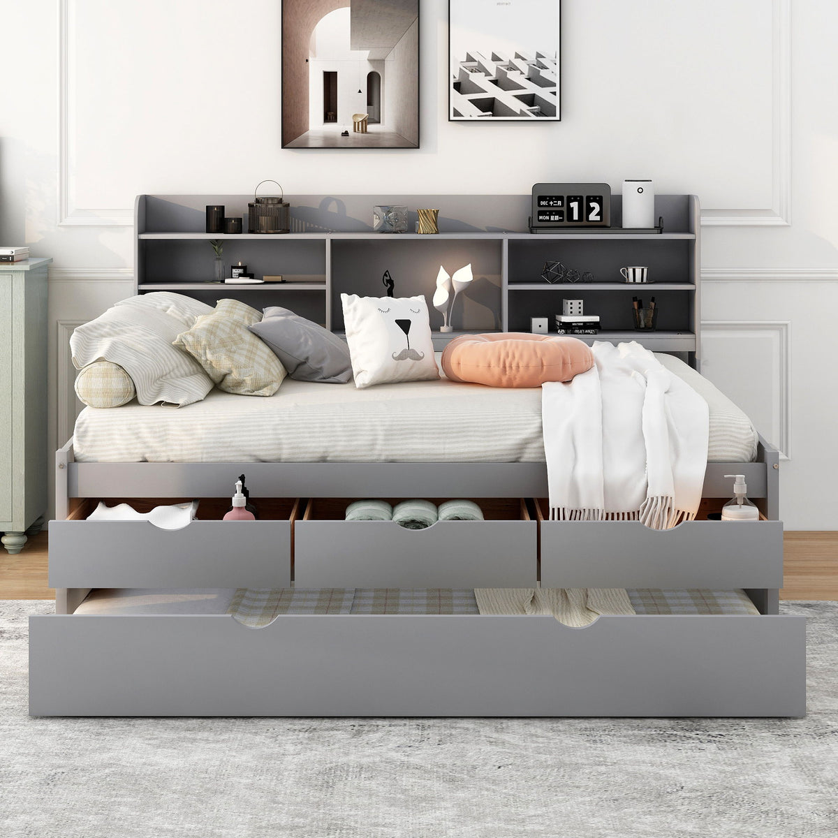 Captain Bed With Built In Bookshelves, 3 Storage Drawers, And Trundle