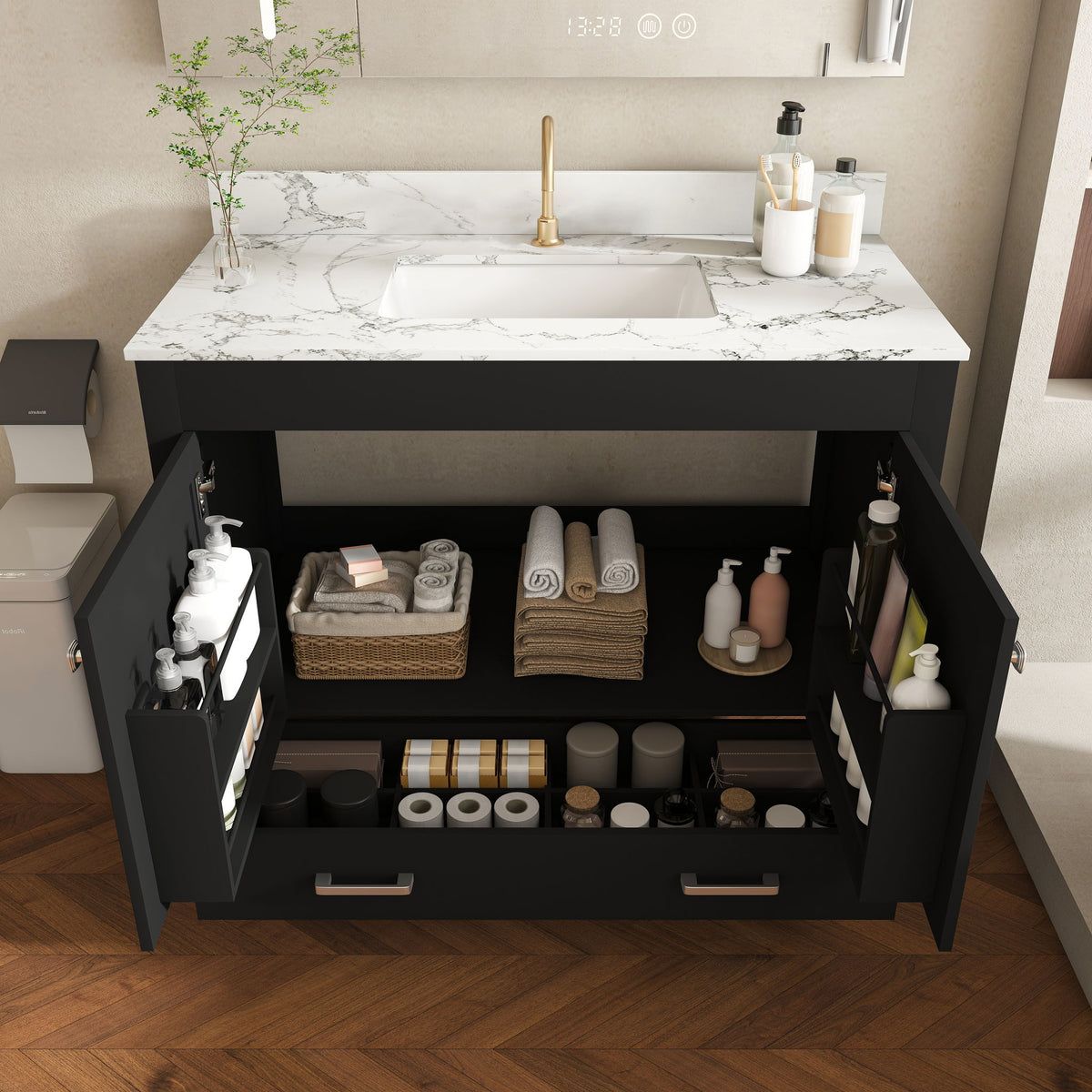 Bathroom Vanity Set, Fluted Cabinet, Soft Close Doors & Drawers, Single Faucet Hole, Sink Included - Black