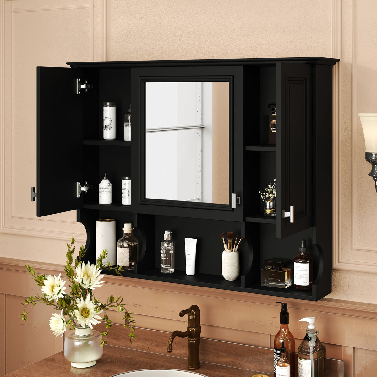 Wall Mounted Bathroom Medicine Wall Cabinet With Mirror & Open Shelves