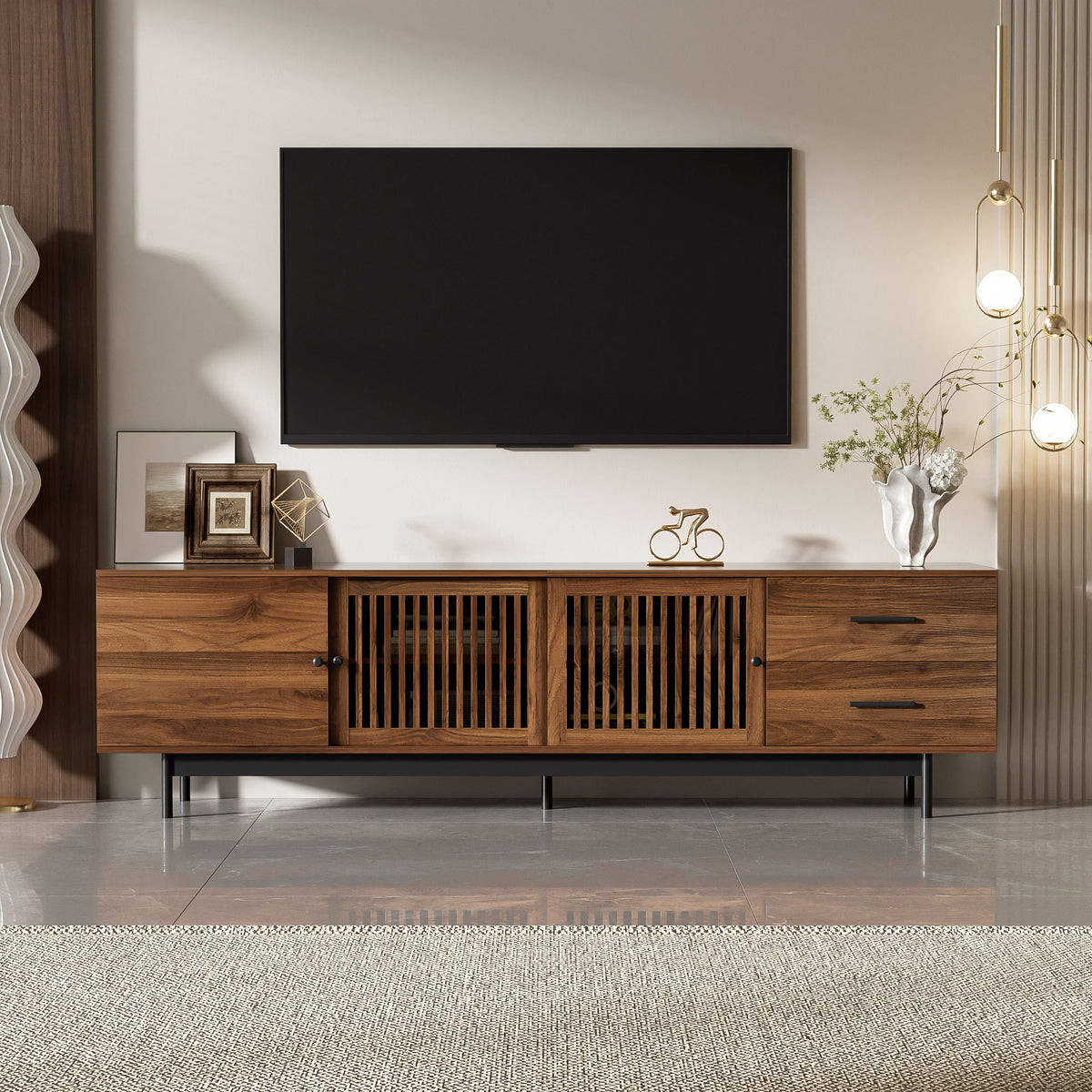 TV Stand, Media Console With 2 Drawers, Soft Closing Hinges, Adjustable Shelves, Slatted Design - Walnut