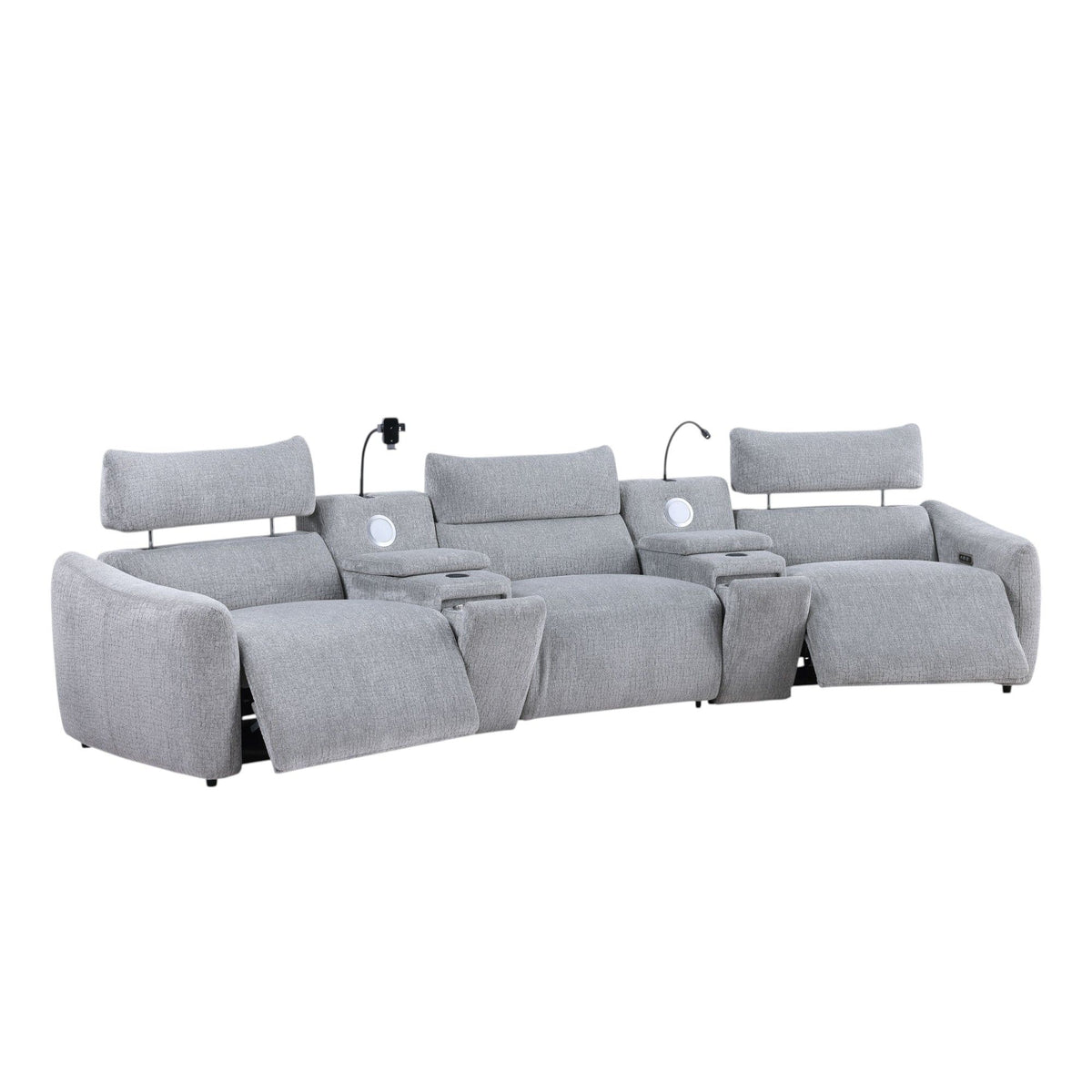 Fullar - Modular Power Motion Sectional Sofa With Console, 2 Wireless Chargers, 4 Cupholders, And 2 Speakers, 1 Phone Holder And 1 Reading Light, Adjustable Headrest - Light Gray