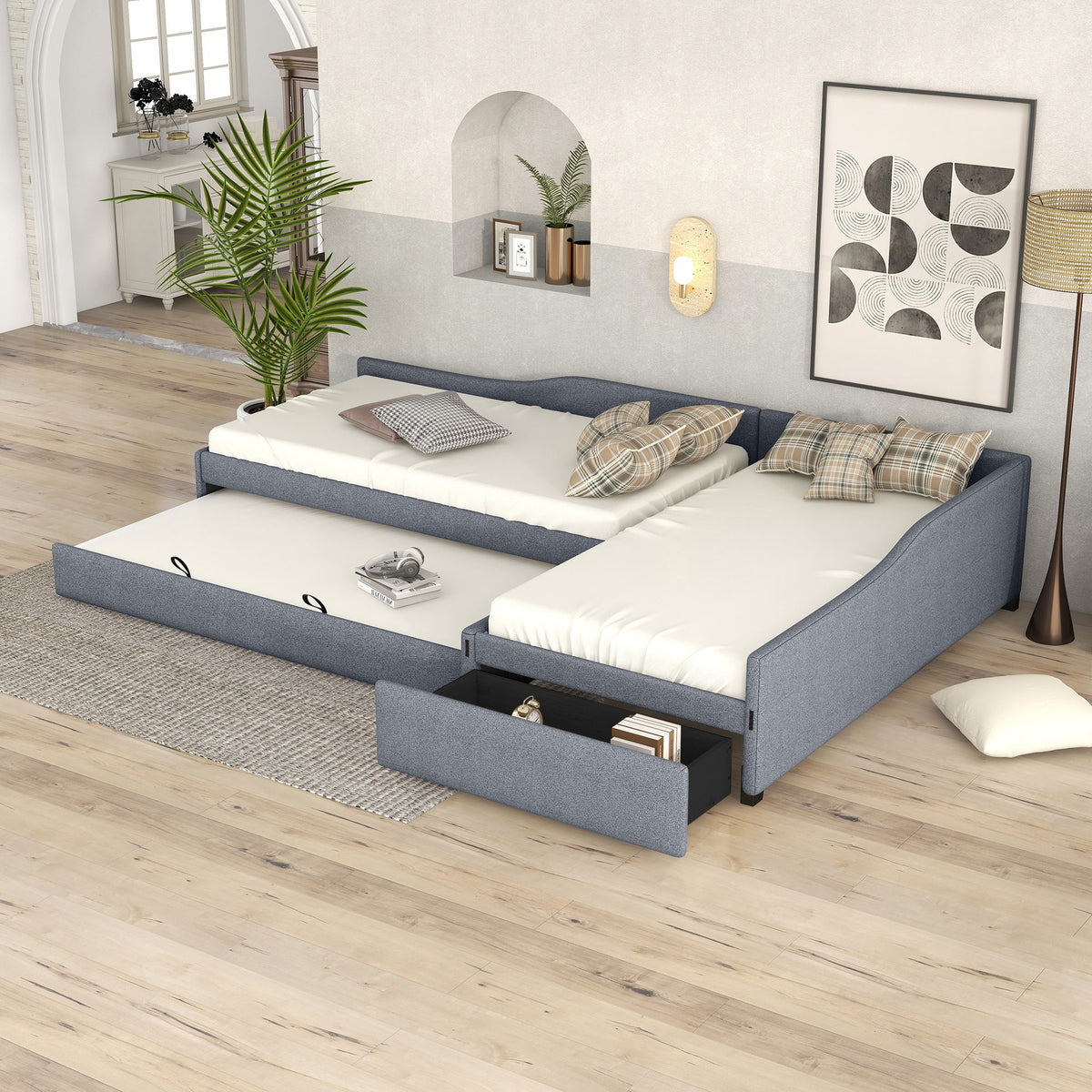 Upholstered Double Daybed With Trundle And Drawer